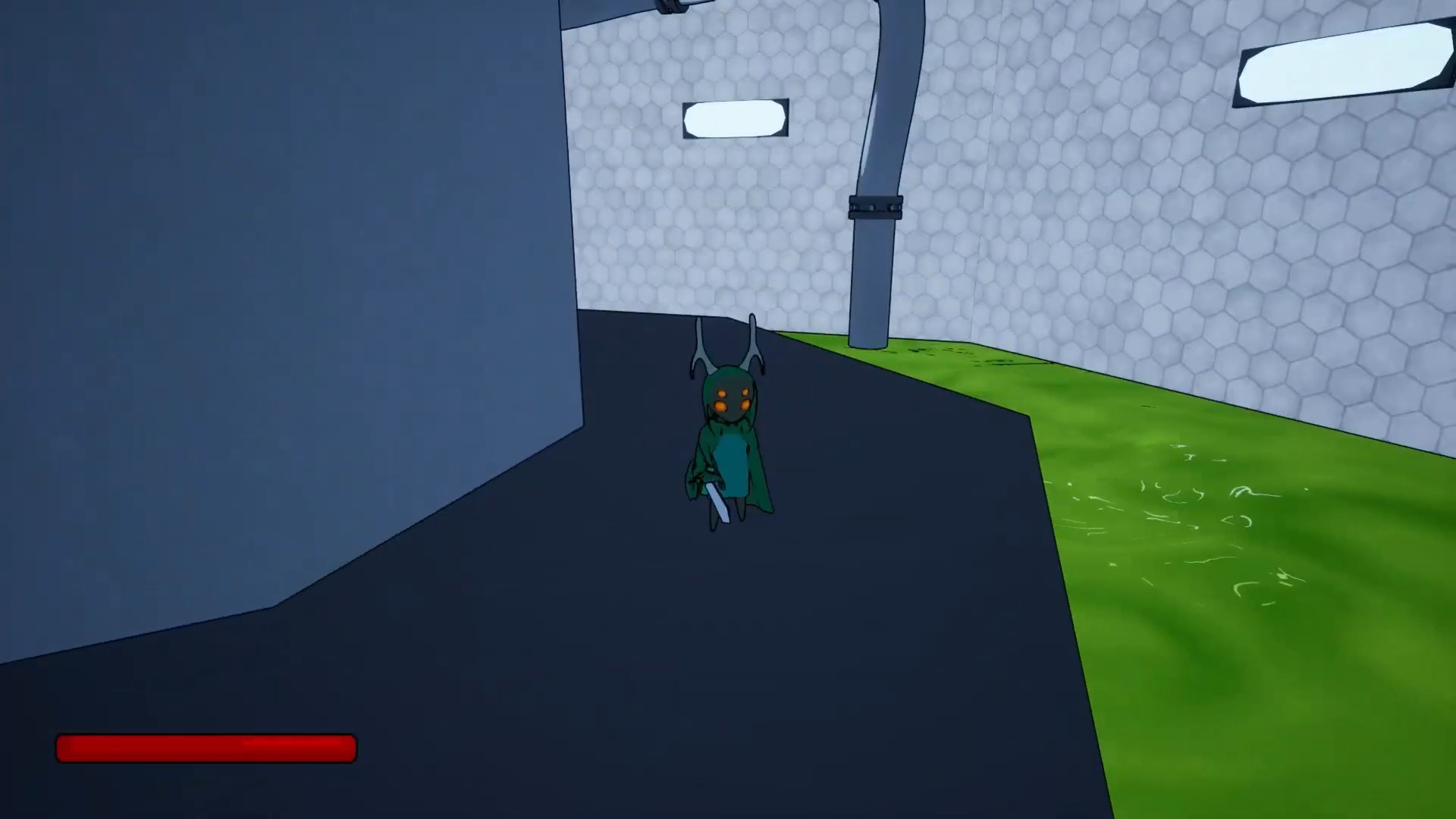 Screenshot of a cel-shaded insect creature in a mechanical environment.