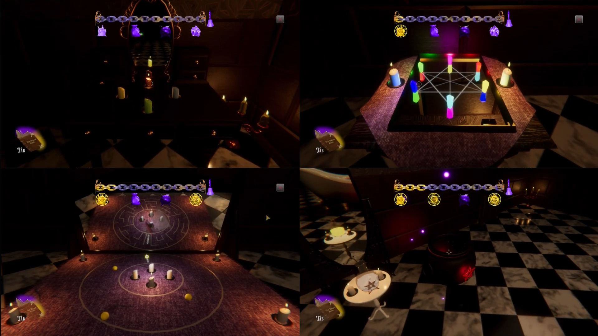 Screenshots of a horror game showing multiple puzzles involving mirrors.