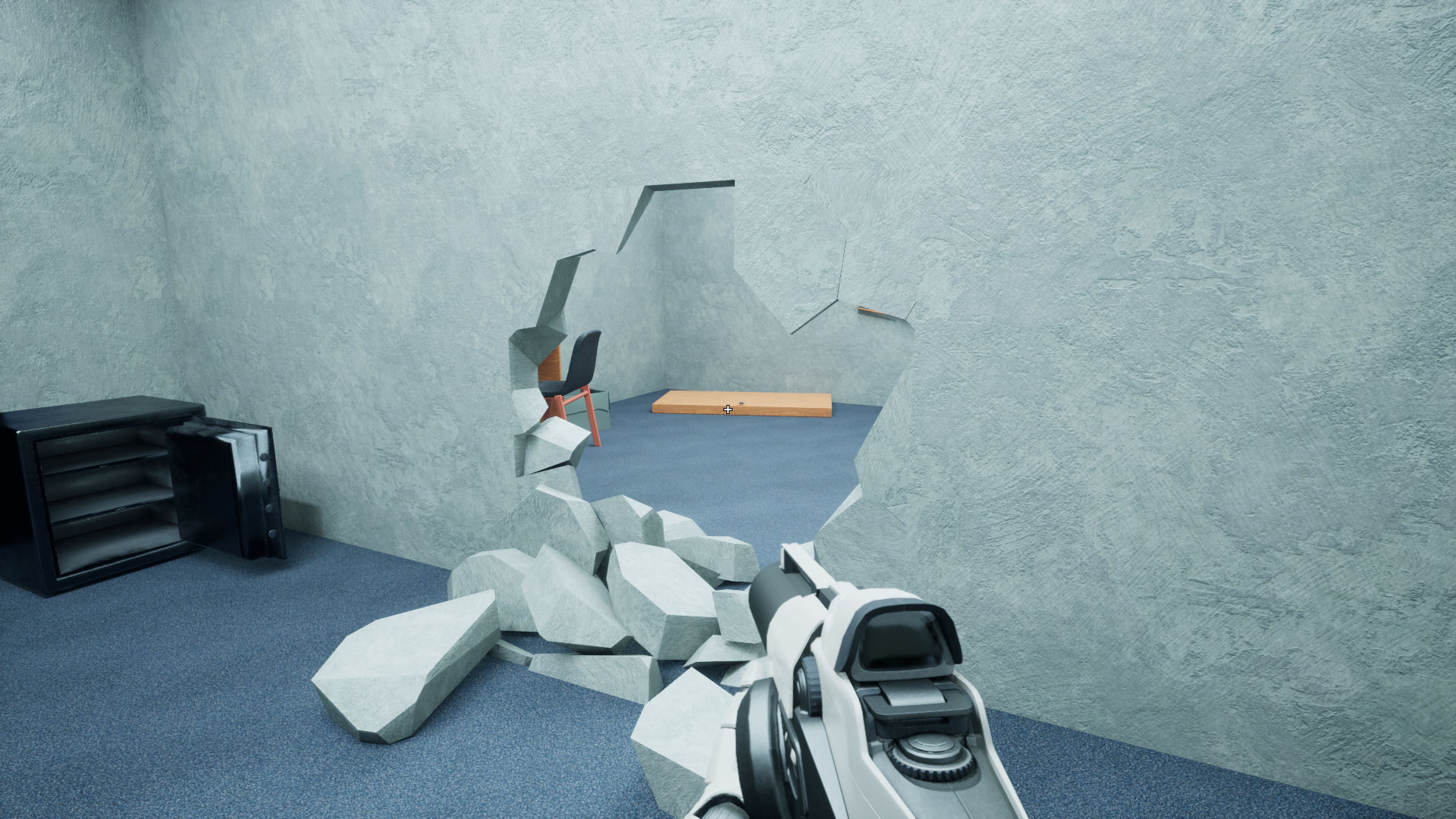 Screenshot of a FPS game. The player is looking at a broken wall in an office building.