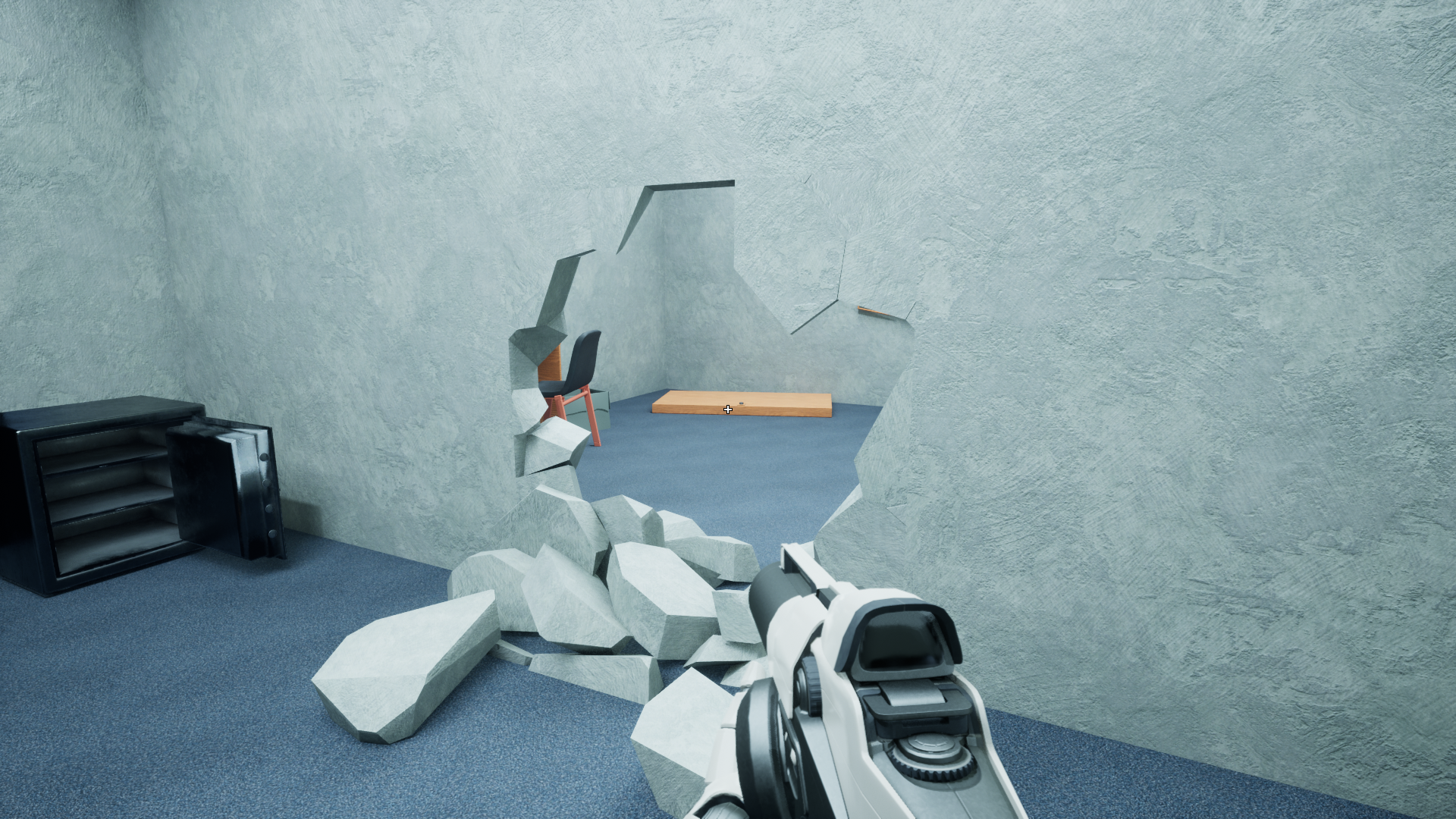 Screenshot of a FPS game. The player is looking at a broken wall in an office building.